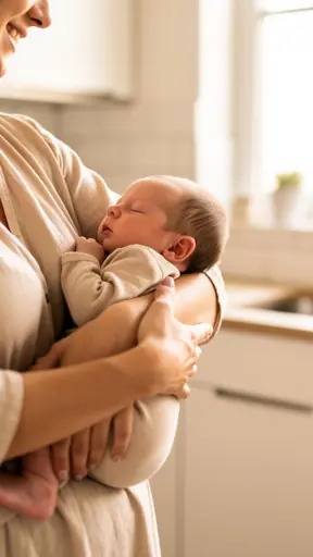 Close-up of a parent holding a baby in a bright kitchen, soft beige tones, natural window light, peaceful family moment, lifestyle photography
