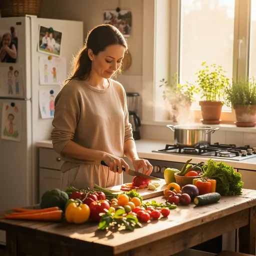 Mother preparing a healthy meal in a warm family kitchen, soft natural light, vegetables on wooden table, cozy atmosphere, lifestyle photography, authentic and calm mood
