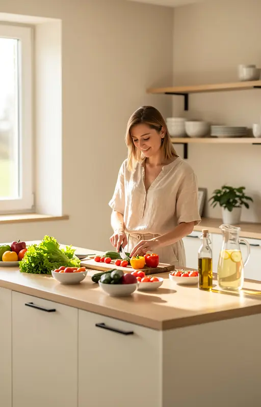 Mother preparing a healthy meal in a bright modern kitchen, soft beige tones, natural window light, calm and minimalist atmosphere, lifestyle photography, high resolution
