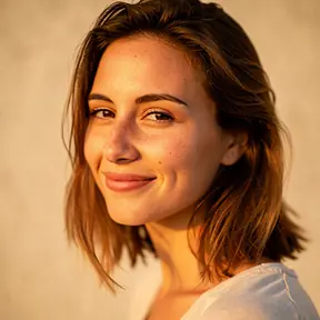 Natural portrait of a young mother smiling softly, neutral background, warm light, authentic lifestyle photography, minimal makeup, calm expression
