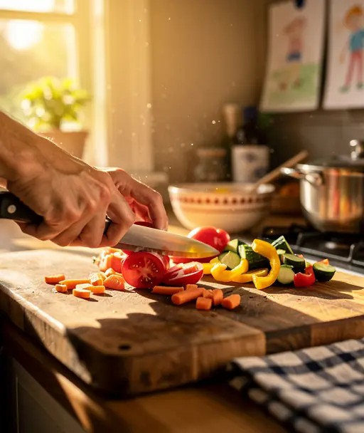 mains coupant des légumes frais sur planche en cuisine chaleureuse avec lumière naturelle