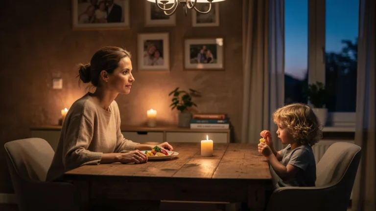 Mère et enfant de 5 ans partageant 15 jours de dîners silencieux ensemble à la maison