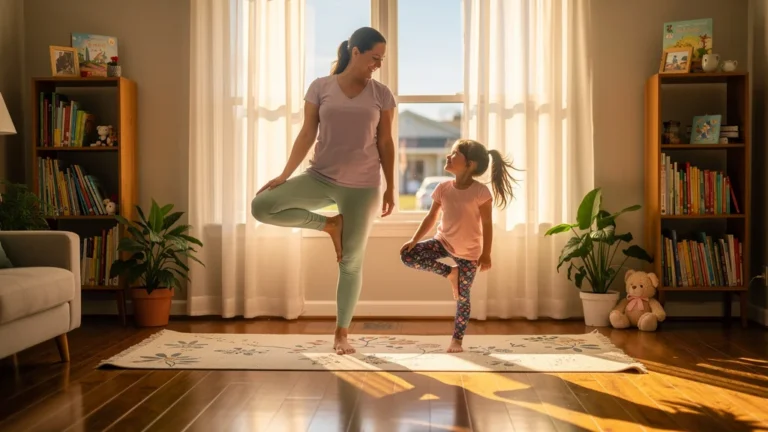 Mère et enfant pratiquant le yoga matinal parent-enfant avant l'école, séance ludique et bénéfices visibles