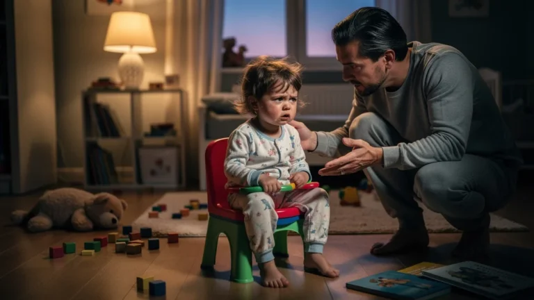 Enfant de 2 ans contrarié forcé à la propreté, scène émotionnelle hyper-réaliste en intérieur