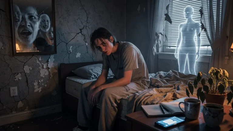 Jeune adulte épuisé dans une chambre sombre, illustrant le cauchemar répété ignoré par fatigue