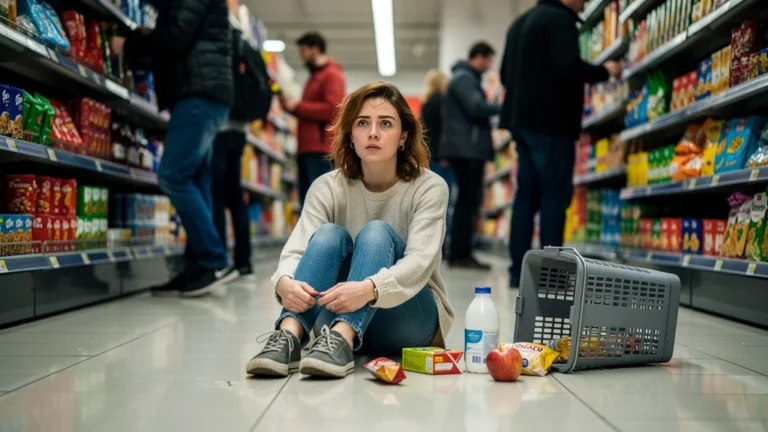 Jeune femme assise par terre dans un supermarché lors d'une crise publique, moment d'émotion intense