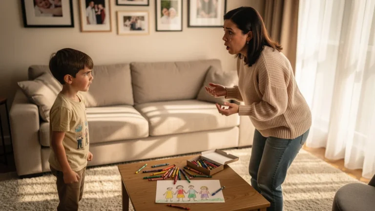 Mère choquée découvrant que son fils imite ses colères, moment intime et réaliste en intérieur familial