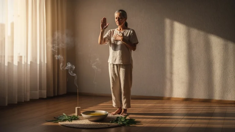 Femme en rituel corporel disant non calmement avec énergie, résultats nets et apaisants