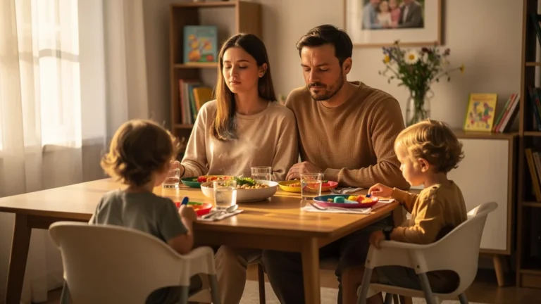 Famille pratiquant la méthode des 3 respirations avant chaque repas avec enfants en bas âge
