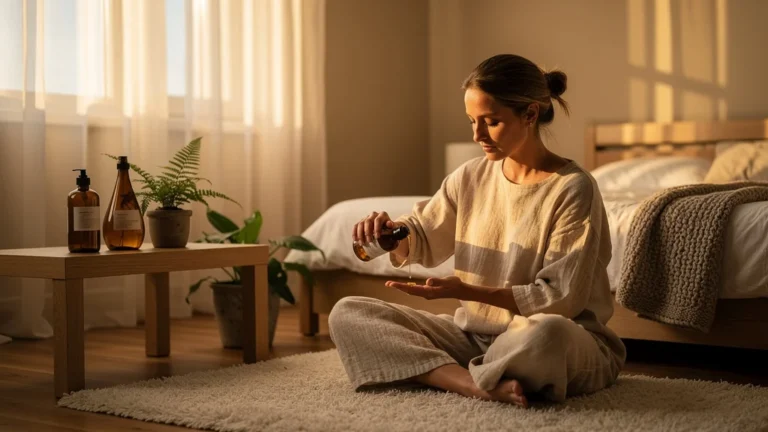 Femme installant un rituel de massage du soir avec huiles naturelles dans une chambre apaisante