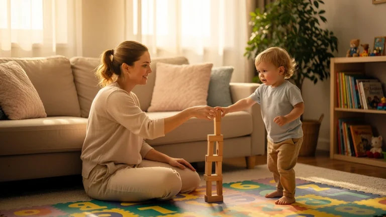 Mère attentive guidant son enfant curieux, illustration de la parentalité bienveillante non laxiste