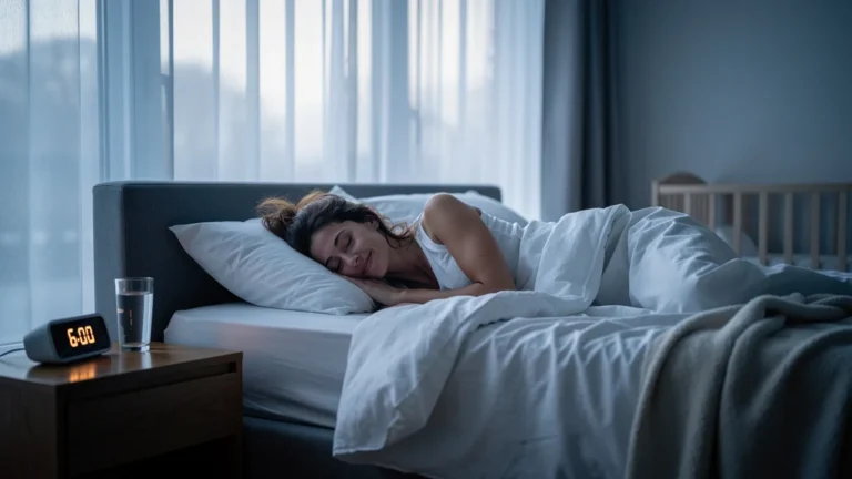 Femme apaisée après sa première nuit complète sans réveils depuis 14 mois, symbole de repos retrouvé