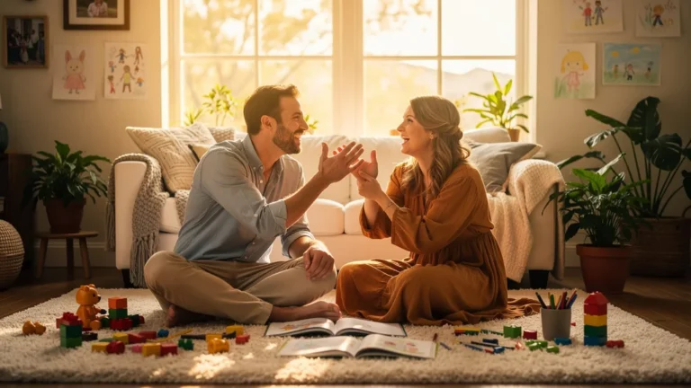 Couple heureux dans un salon lumineux après avoir lâché le planning d'activités du mercredi