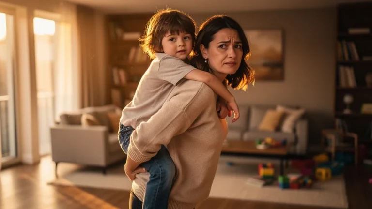 Mère portant son enfant de 5 ans sur le dos, montrant force et fatigue avec picotements au bras droit