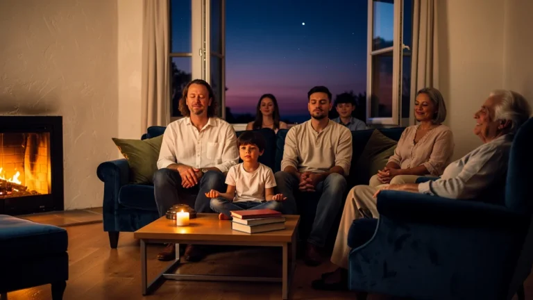 Famille réunie en soirée pour 10 minutes de respiration partagée, moment de calme et connexion profonde
