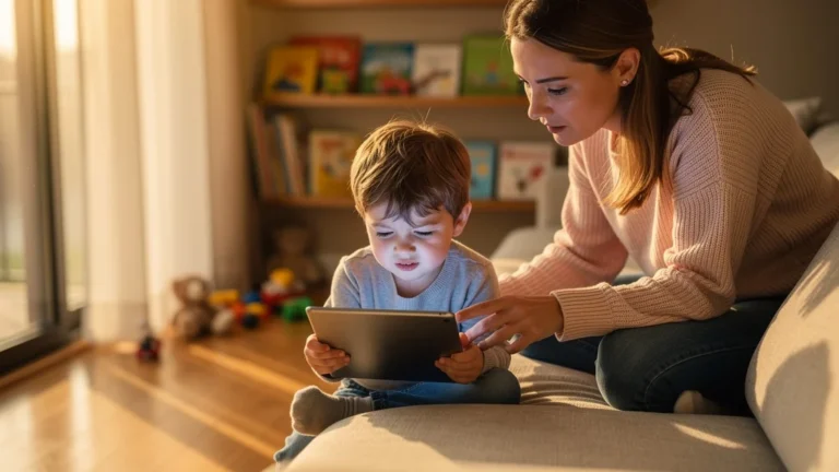 Jeune enfant de 4 ans plissant les yeux devant un écran, mère concernée à ses côtés, foyer chaleureux en lumière naturelle