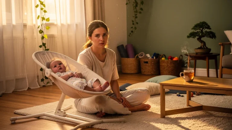 Jeune mère contemplant son bébé, regret d’avoir retardé le yoga familial dès la première année