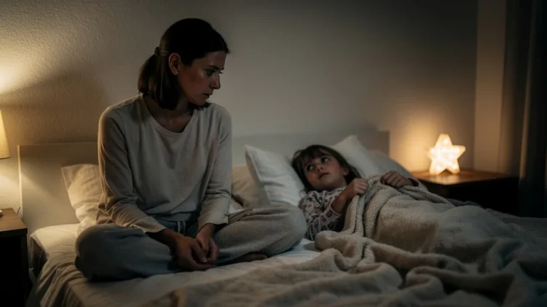 Mère fatiguée et enfant éveillé dans une chambre, illustrant l'absence de limites claires au coucher