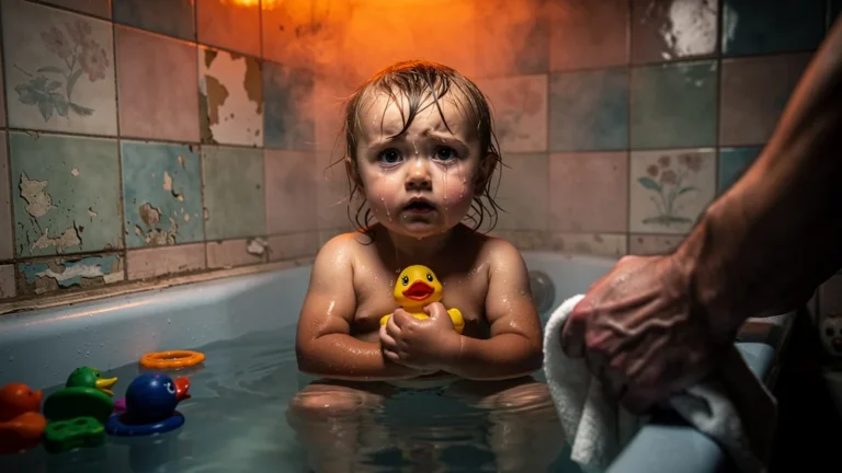 Enfant de 3 ans effrayé lors du bain, peur dans les yeux face à l'impatience parentale