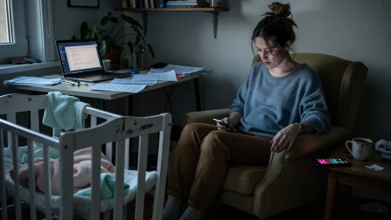 Jeune mère épuisée trois mois post-partum reprend le travail sans aide, scène réaliste et poignante