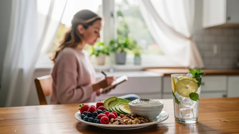 Femme savourant un goûter sain sans sucre, riches en protéines et fibres, pour booster son énergie durablement