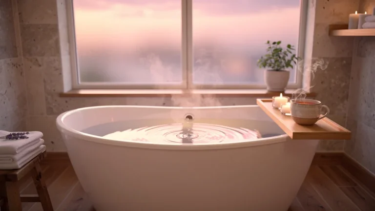 Femme détendue dans un bain tiède à 19h, moment calme remplaçant une heure de dessin animé