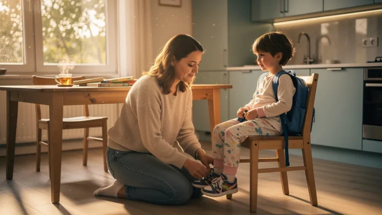 Moment tendre d'une mère calme avec son fils de 5 ans sans dire dépêche-toi le matin
