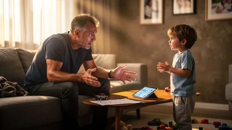 Parent stressé noyant son fils sous trop de consignes, scène familiale réaliste et émotionnelle