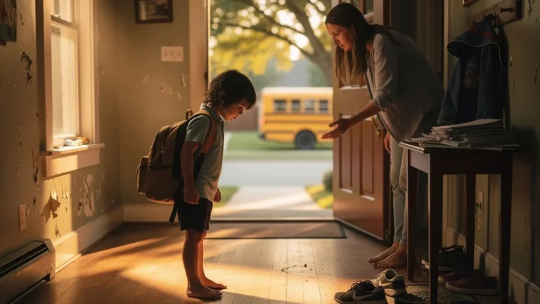 Enfant épuisé craquant à la porte, fatigué des trajets quotidiens école-maison