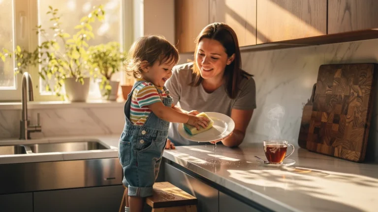 Enfant jouant à faire les tâches ménagères pour apprendre en s'amusant avec un parent bienveillant