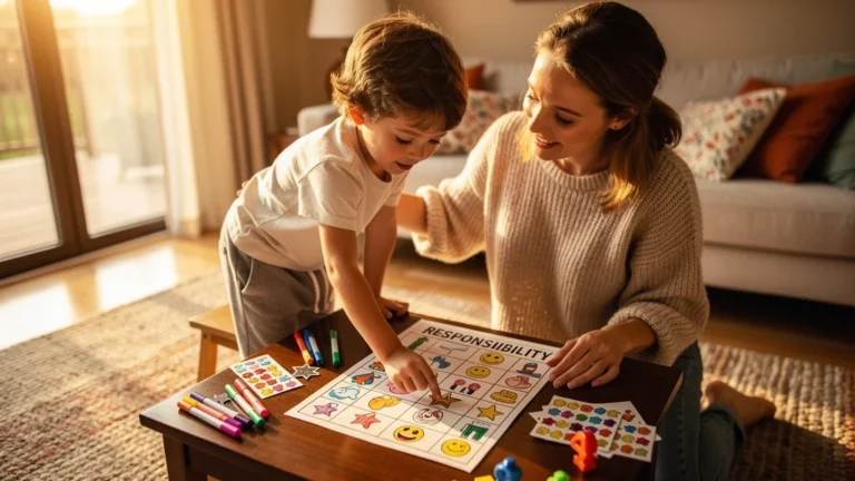 Parent et enfant de 5 ans installant un tableau des petites responsabilités avec autocollants colorés