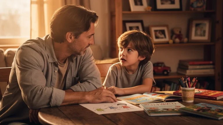 Père patient écoutant son fils chercher ses mots, moment tendre pour encourager la parole chez l'enfant