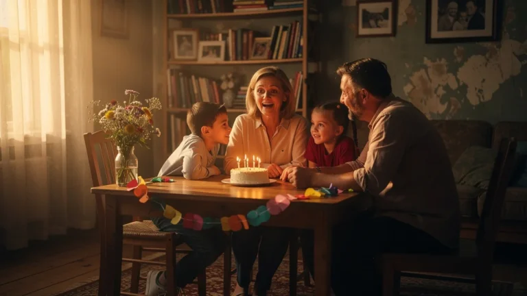 Photo réaliste d’un anniversaire simple marqué par une ambiance intime et chaleureuse en famille