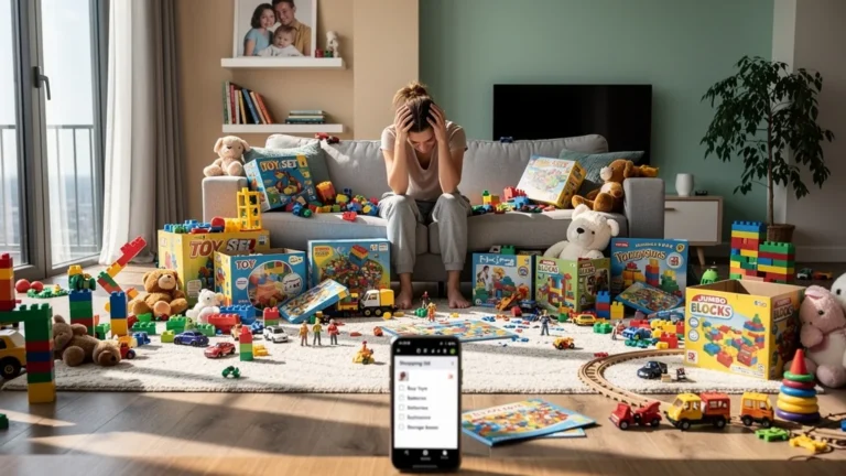 Photo réaliste d'un salon en désordre avec trop de jouets après un achat impulsif