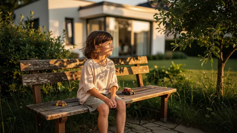 Enfant seul dans un jardin, incarnant l'ennui précieux et l’intensité du moment sans intervention