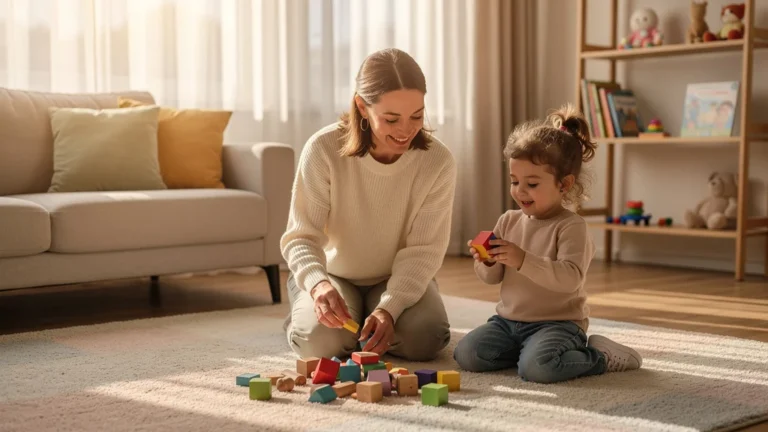 Famille joyeuse rangeant les jouets en jeu, dimanche paisible avec moins de jouets et ambiance chaleureuse