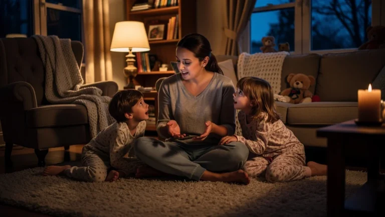 Parent racontant une histoire sans livre le soir à ses enfants dans un salon chaleureux et intime