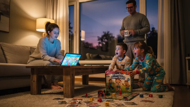Soirée animée en famille entre jeux de société et appli éducative, bataille avant le coucher