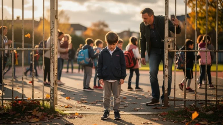 Image réaliste d’un enfant triste et son père plein de regret à la sortie de l’école, émotion parentale forte