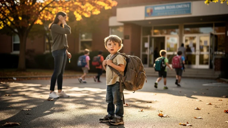 Enfant anxieux le premier jour d'école, mère inquiète, ambiance automnale réaliste et émotionnelle