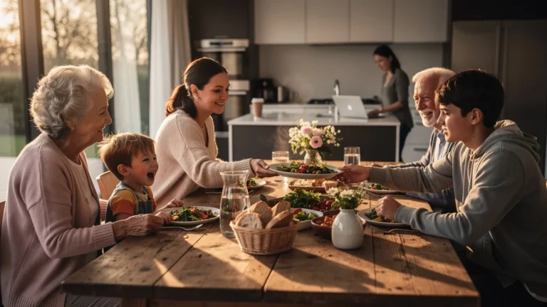 Photo hyper-réaliste d’un repas familial chaleureux malgré le rythme effréné du quotidien