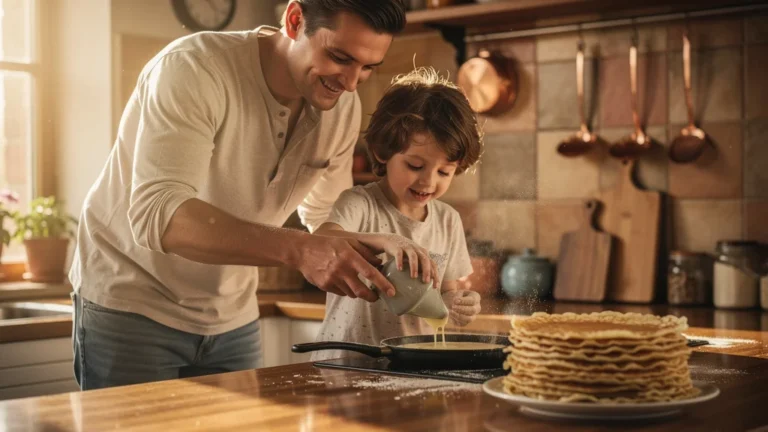 Père et fils cuisinant des crêpes ensemble, apaisant une journée difficile, moment tendre en cuisine chaleureuse