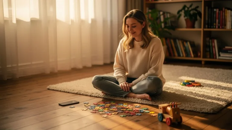 Femme jouant au sol sans regarder son téléphone, moment de détente et déconnexion digitale