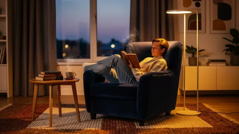 Coin lecture cosy dans un salon moderne, ambiance chaleureuse pour des soirées relaxantes et enrichissantes