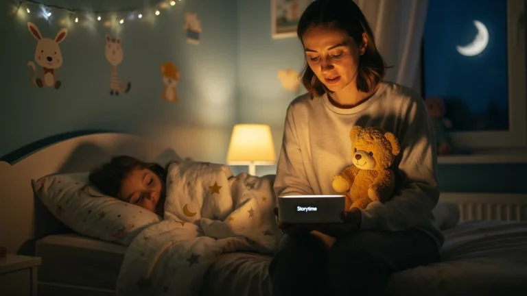Parent utilisant une boîte à histoires audio pour le coucher de leur enfant le soir, ambiance douce et chaleureuse