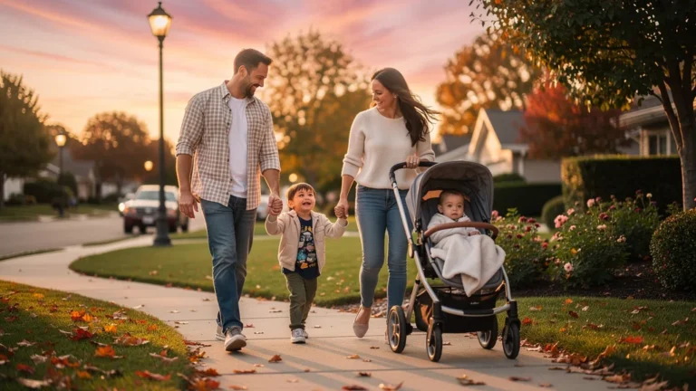 Famille en promenade du soir de quinze minutes au coucher du soleil, moment de détente et de complicité