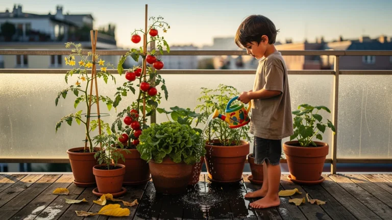 Potager en pot sur balcon arrosé chaque matin par un enfant, plantes abîmées par excès d'eau