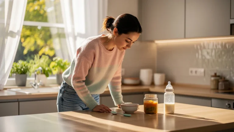 Mère préparant alimentation bébé 6 mois avec soin, évitant erreurs fréquentes dès le début
