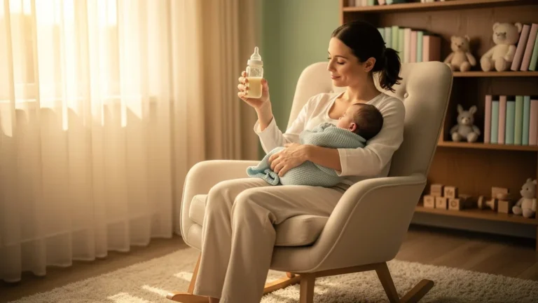 Jeune femme allaitant au biberon son bébé dans une chambre douce et lumineuse, moment de soin familial