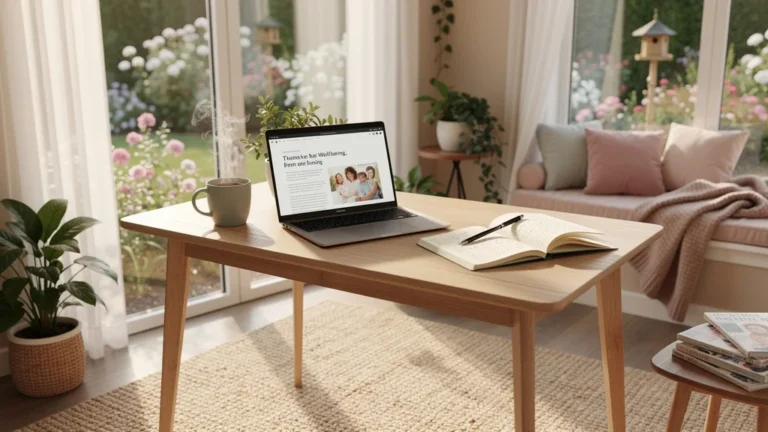 Bureau moderne lumineux illustrant le travail d'une rédactrice bien-être familial pour Bycat